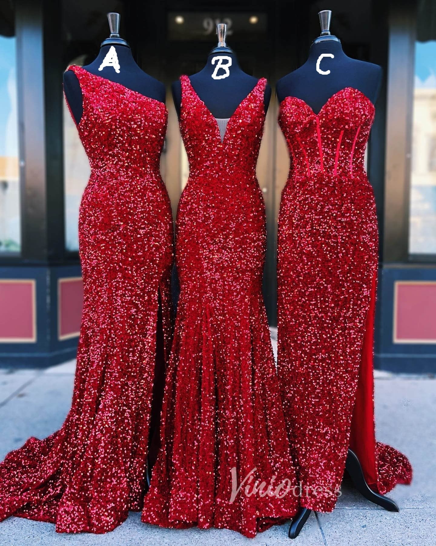 red sequin prom dress